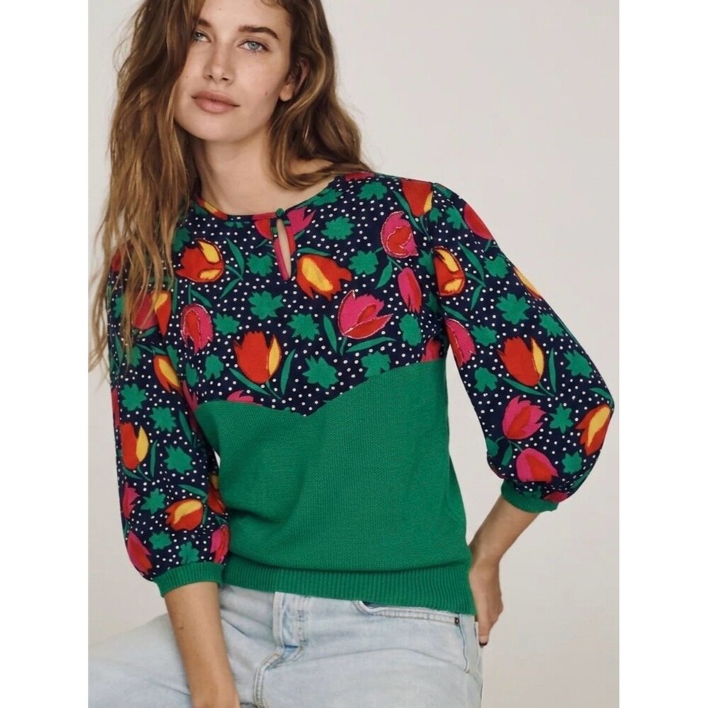 Vintage Tan Jay Floral Beaded Polka Dot Mix Puff Sleeve Sweater Women Size Small